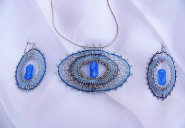 Set ovál modro-stříbrný - náhrdelník + náušnice